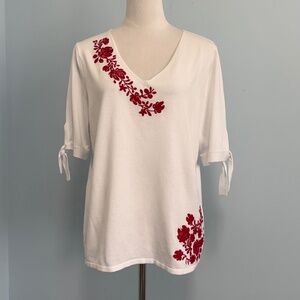 Talbots Petite White V- Neck Embroidered Top‎ Size XLP